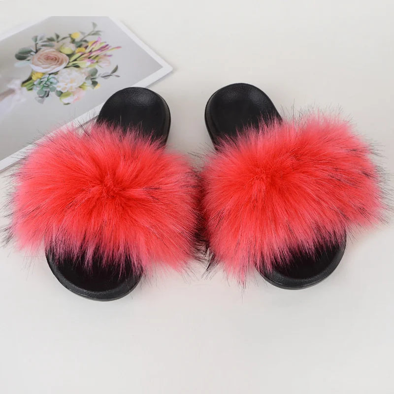 Women's Summer Faux Fur Fox Fur Slippers Fashion Luxury Indoor and Outdoor Non-Slip Solid Color Flat Bottom Furry Sandals