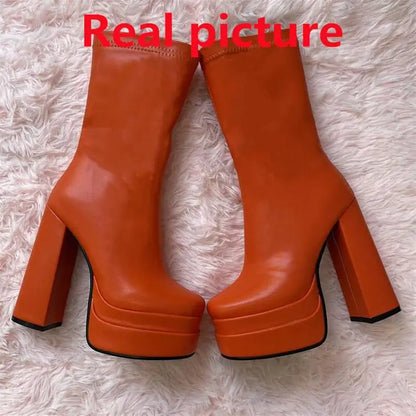 Foreign Trade Women's Shoes Fashion Super High Heels Platform Short Boots New Chunky Heel Mid-calf Boots Casual Ankle Boots CD