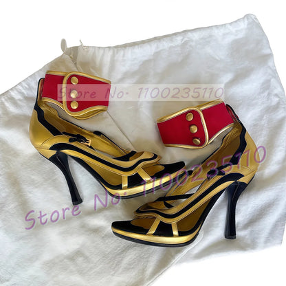 Mixed Colors Ankle Strap Sandals Women Elegant Wave Edge Cross Strap High Heels Female Button Decor Newest Open Toe Party Shoes