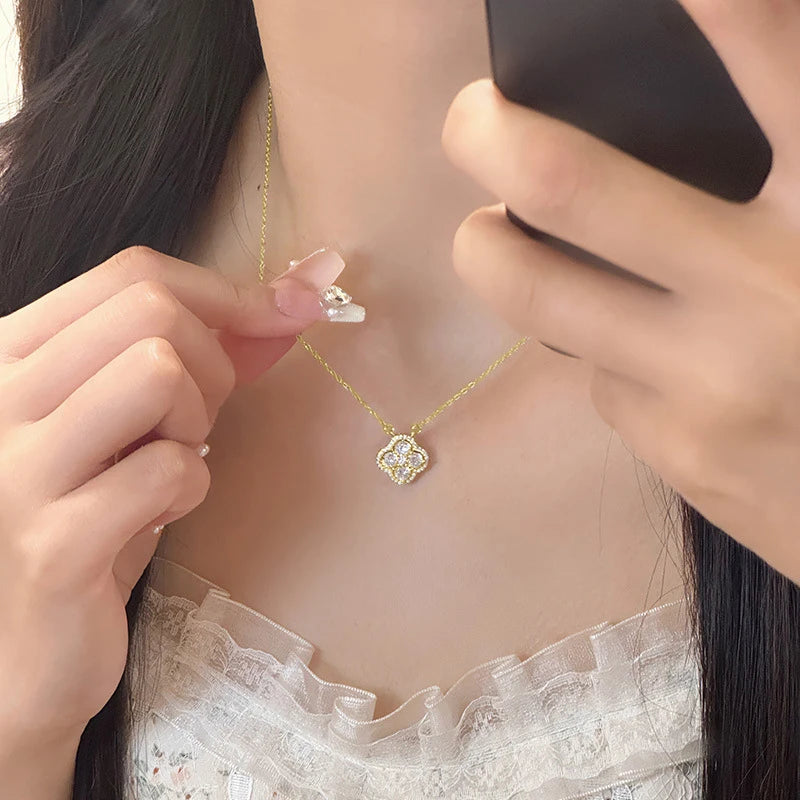 OXTAO Luxury Moissanite Four-leaf Necklace for Women D Color Flower Charm Pendant Necklace Wedding Jewelry Gift 14K Gold Filled