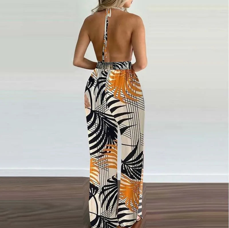 New Summer Sleeveless Halter Jumpsuits for Women Backless Print Lace-up Wide-leg Women Jumpsuit Rompers Womens Jumpsuit Q3706