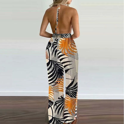 New Summer Sleeveless Halter Jumpsuits for Women Backless Print Lace-up Wide-leg Women Jumpsuit Rompers Womens Jumpsuit Q3706
