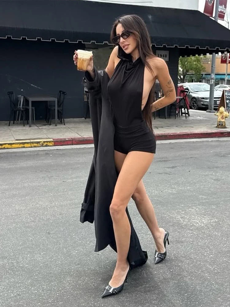 Weird Puss Sexy Backless Women Playsuits Turtleneck Halter Sleeveless Solid High Elasticity Midnight Hottie Wild Ststreetwear