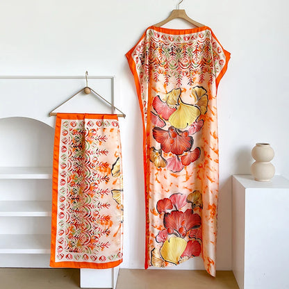 Fashion Summer Kaftan Dress for Women with Big Scarf Loose Abaya Muslim Casual Print Shawl Robe African Style Dubai Turkey