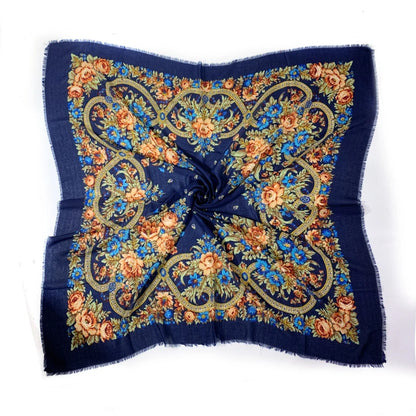 130*130cm Breathable Thin Russian Square Scarf Women Luxury Floral Print Ethnic Retro Bandana Shawl Foulard Femme Beach Stole