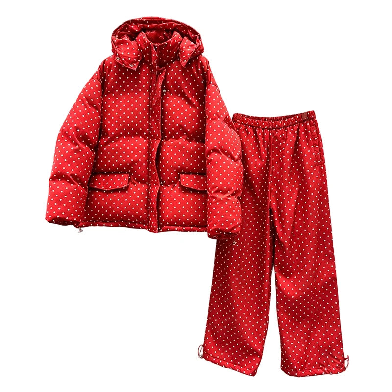 Polka Dots Hooded Cotton Coats Trousers Set 2026 Winter Loose Zippers Drawstring Jacket Elastic Waist Pants Women's Warm Outfits