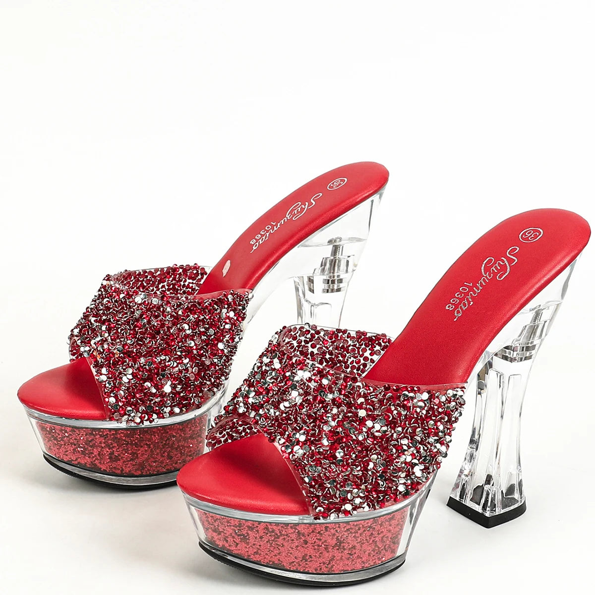 Women Slippers 14CM Luxury Party Shoes Designer Transparent Platform Summer High Heels 2024 New Glitter Sequined Stage Sandals