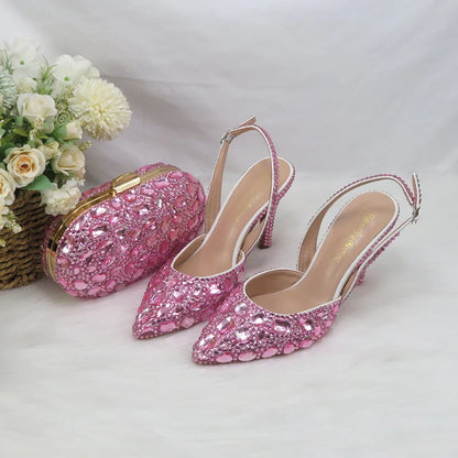 Fashion Sling-back Pink Bling Pointed Toe Wedding Shoes and bag Woman High Pumps Thin Heel Party Shoes Slingbacks Shoe Bag Set