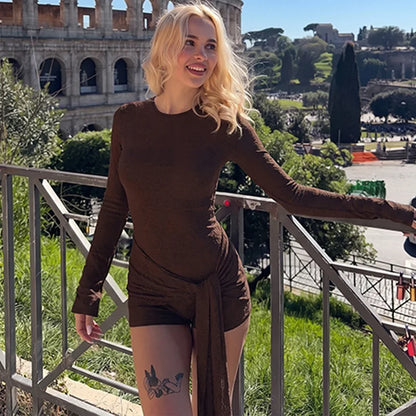 Typhaland Jacquard Sexy Slim Playsuit with Ribbon Lace Up High Waist Short Jumpsuits Long Sleeve Elegant Female Clothes Autumn
