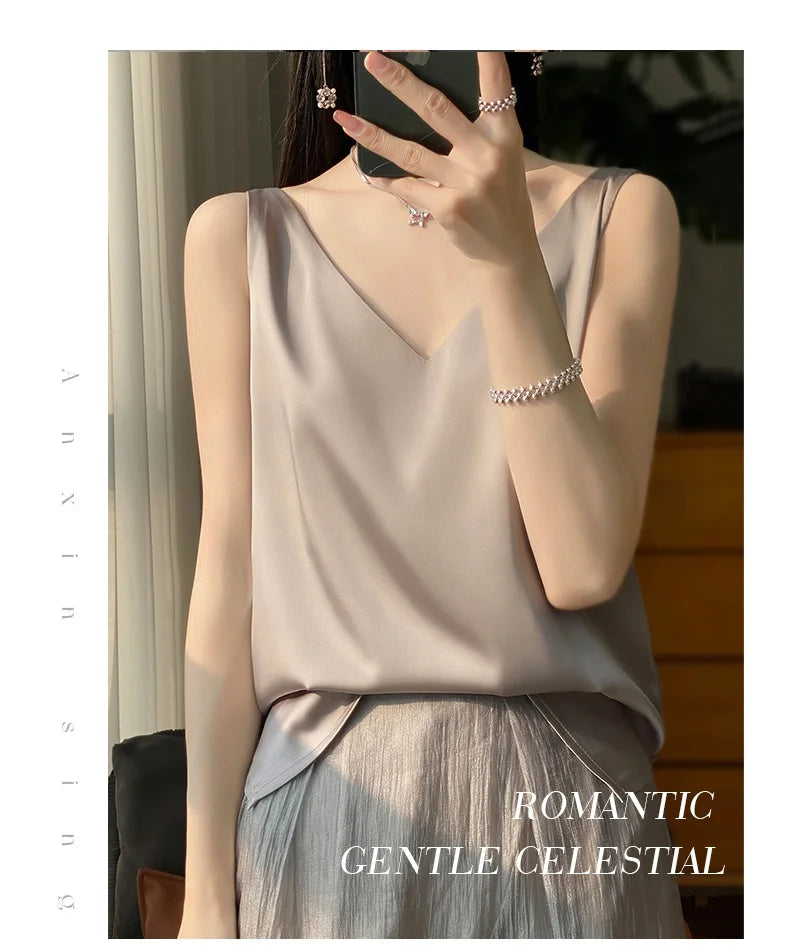 New Lce Silk Satin Camisole Women's Spring/Summer Solid Color Sleeveless Sexy Comfortable Silk Underwear Vest RW-D09
