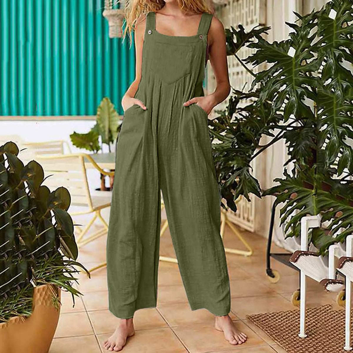 Women Summer Boho Jumpsuit Overalls Solid Ethnic Style Square Neck Sleeveless Casual Jumpsuit Pockets Loose Pants Jumpsuits 2024