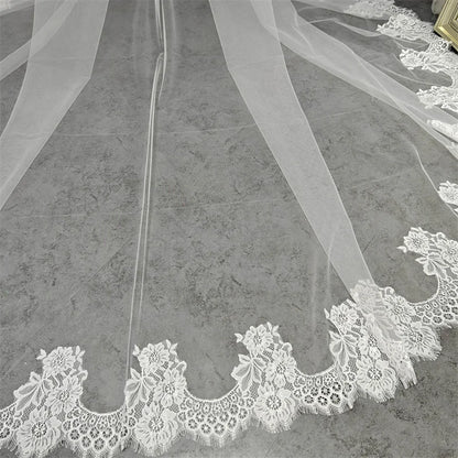 Customized Mantilla Wedding Veil with Eyelash Lace, 2.5m/3m/3.5m/4m Single Tier Long Ivory Bridal Veil with Hidden Comb