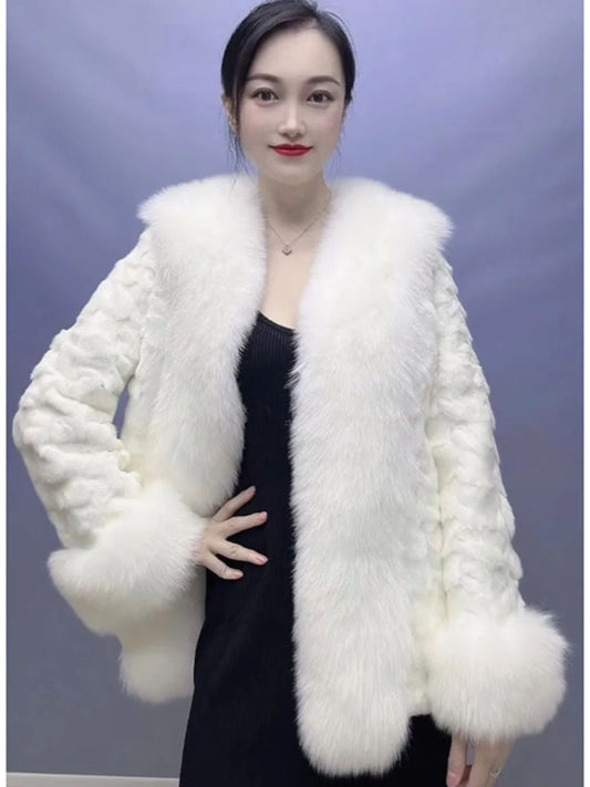 OFTBUY 2023 New Autumn Winter Women Real Mink Fur Outerwear Big Collar Coat High Quality Luxury Warm Middle Length Cardigan