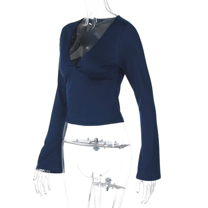 Dulzura Autumn Solid Sexy V-Neck Long Sleeves Slim Fit T-Shirt Women'S Casual Versatile Y2K Top Party Club Street Style Clothes