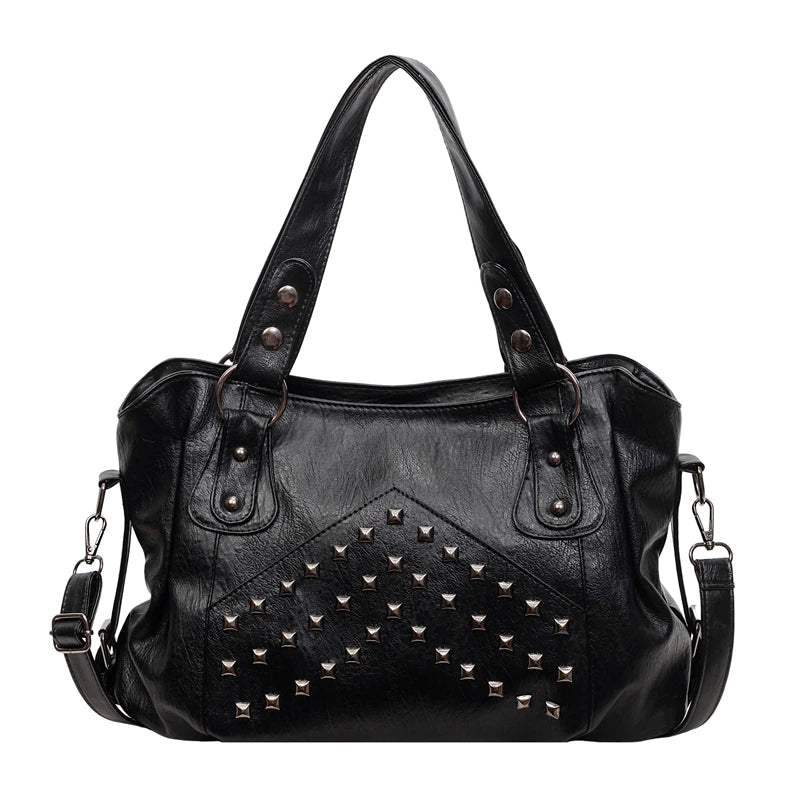 Rivet Punk Large Capacity Handbags Top Quality Sturdy Soft Leather Casual Tote Bag Shoulder Crossbody Bags Daily Commute Travel