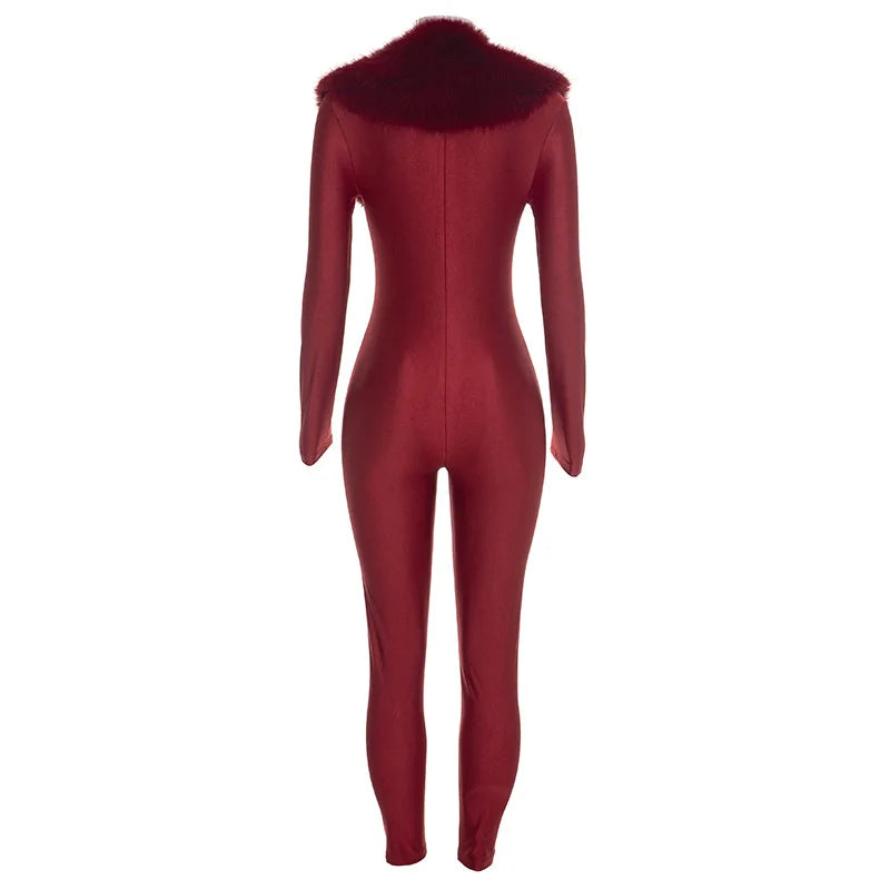 FAGADOER Women Fall Winter Bodycon Jumpsuit Faux Fur Collar Long Sleeve Deep V Neck Slim Fit Sexy Club Party One Piece Outfit