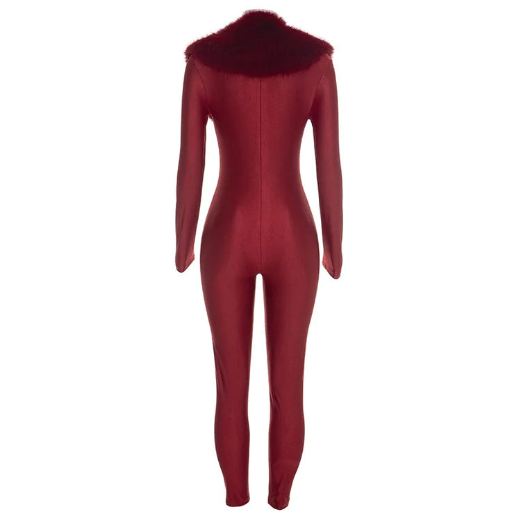 FAGADOER Women Fall Winter Bodycon Jumpsuit Faux Fur Collar Long Sleeve Deep V Neck Slim Fit Sexy Club Party One Piece Outfit
