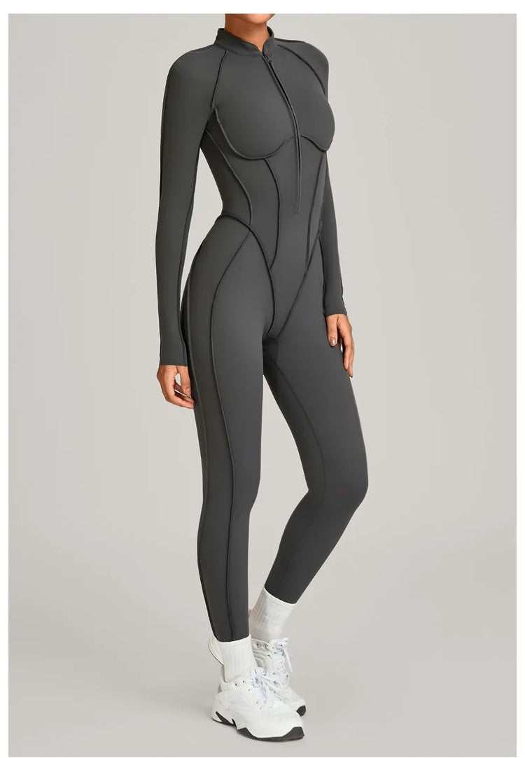 Women's Winter Yoga Jumpsuits Sports Fitness Hip-Lifting Slimming One-piece Zipper Long-Sleeved Outdoor Gym Workout Bodysuits