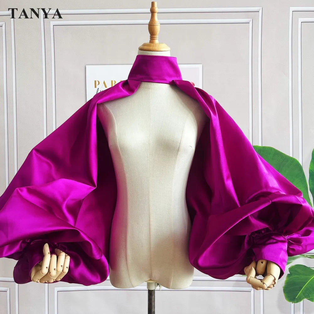 Puffy Sleeves Satin Bolero Topper Blouse Cover Arms Fashion Green Jacket Cloak Short Shawl High Neck With Buttons Customize