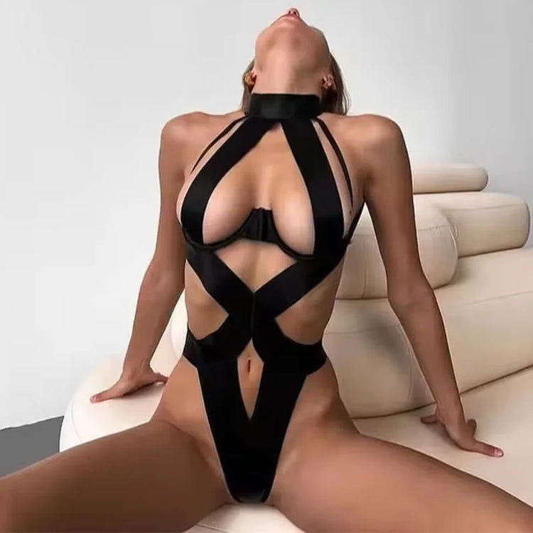 See Through Black Porn Bandage Hot Sensual Body Sexy Lingerie Bodysuit Women Halter Hollow Out Open Bra Thong Exotic Clothing