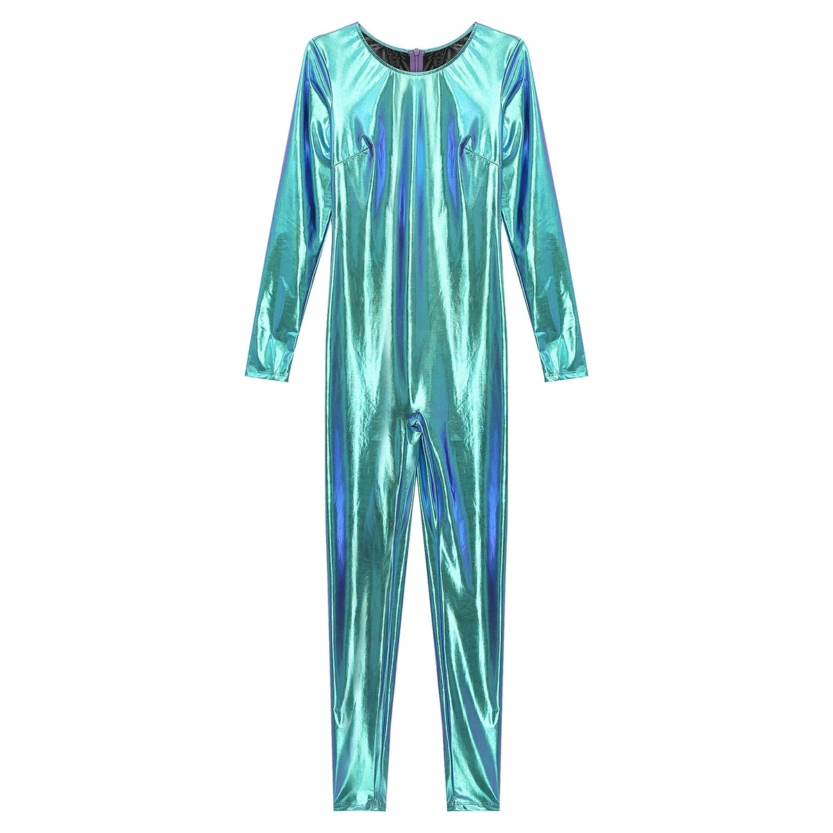 Womens Metallic Shiny Bodysuit Clubwear Long Sleeve Slim Fit Full Body Jumpsuit Nightclub Rave Party Musci Festival Costumes