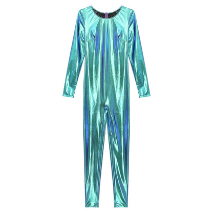 Womens Metallic Shiny Bodysuit Clubwear Long Sleeve Slim Fit Full Body Jumpsuit Nightclub Rave Party Musci Festival Costumes