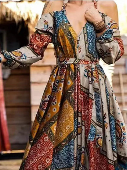 Sexy Women's Spaghetti Strap Skirt Jumpsuit Spring Vintage Print Long Sleeve Harlan Pocket Wide Leg Pants Loose Rompers Women