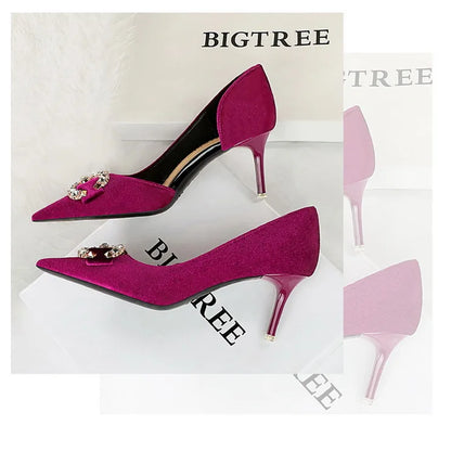 BIGTREE Party Pumps 7cm Thin High Heels Western Style Velvet Shallow Pointed Toe Side Hollow Crystal Pearl Bow Lady Shoes Pink