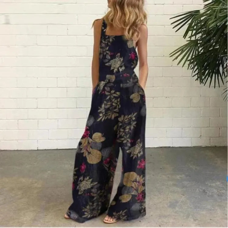 Women Summer Loose Printed Jumpsuits Sleeveless Bib Overalls Siamese Button Wide Leg Pants Long Trousers Female Fashion Clothing