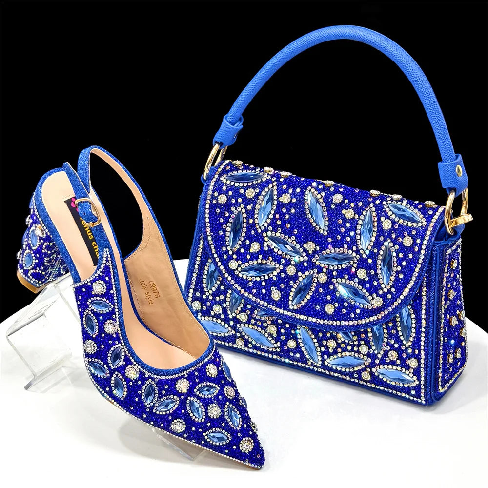 Elegant Women's Nigerian Fashion Pointed-Toe Party Shoe and Bag Set Rhinestone Luxurious Rhinestone Pumps for Special Occasions