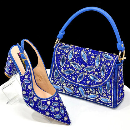 Elegant Women's Nigerian Fashion Pointed-Toe Party Shoe and Bag Set Rhinestone Luxurious Rhinestone Pumps for Special Occasions