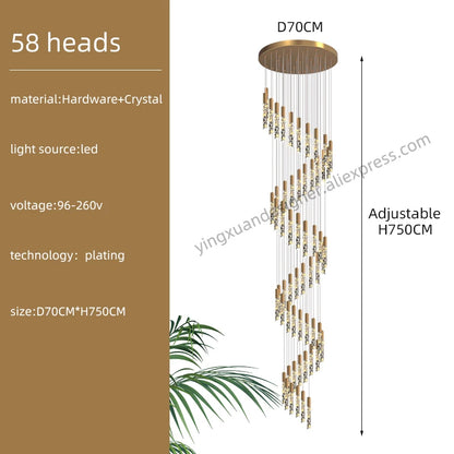Crystal Staircase Pendant Lamp Modern Gold Lighting Fixture Ceiling Hang Pendant Light Luster Indoor Villa Loft Stair Chandelier