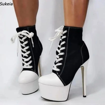 Sukeia Women Winter Ankle Boots Side Zipper Lace Up Round Toe Sexy Stiletto Heel Black Party Shoes Ladies US Size 5-20