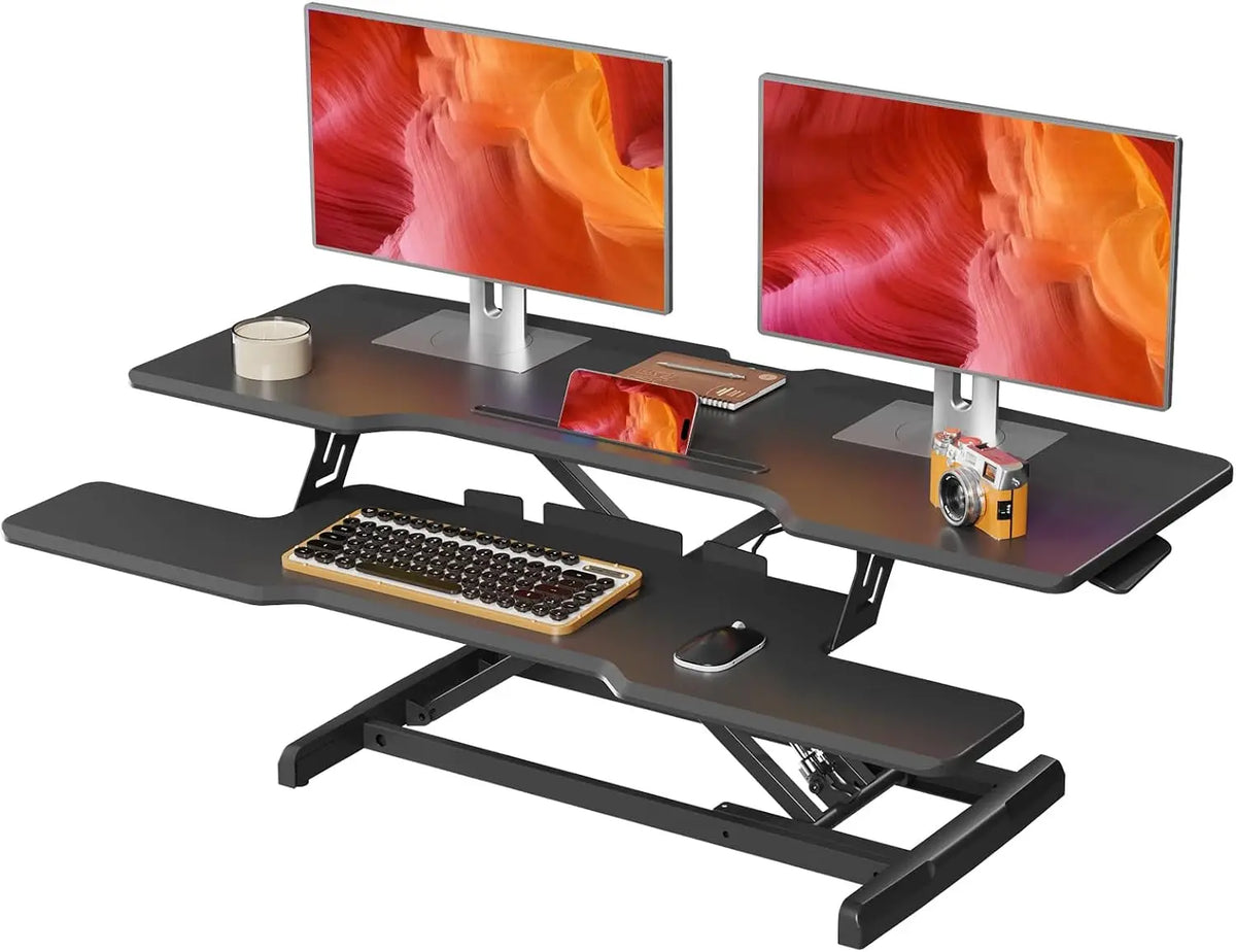 42 Inch Standing Desk Converter Quick Sit Stand Desk Riser Height Adjustable Stand Up Desk Keyboard Tray Dual Monitor Computer L