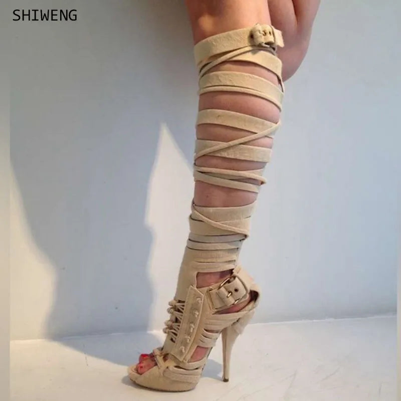 Lady New Strappy Platform Sandals Fashion Solid Hollow Out Peep Toe Tassel Stiletto Heels Sandals Woman Sexy Dress Shoes 44