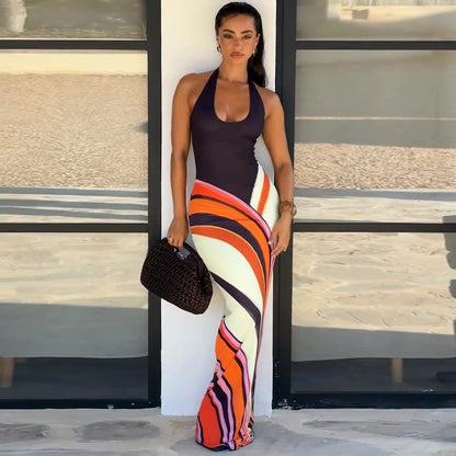 Sexy Print Women Long Dress Party Deep V-neck Sleeveless Backless Hip Package Female Dresses 2026 Summer Holidays Lady Robe