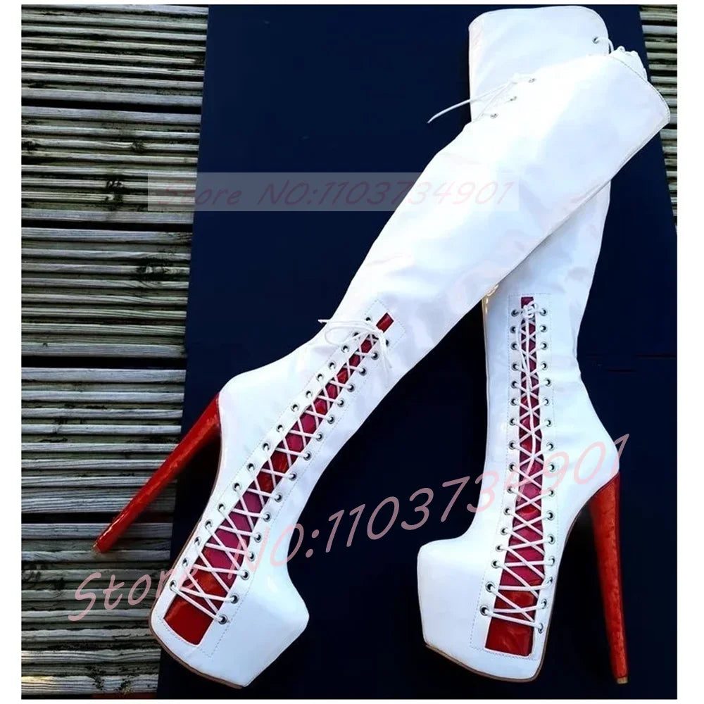 Platform Knee High Stiletto Boots Women Pink Splicing Round Toe Lace-Up Shiny Leather High Heels Boots Female Sexy Slim Boots