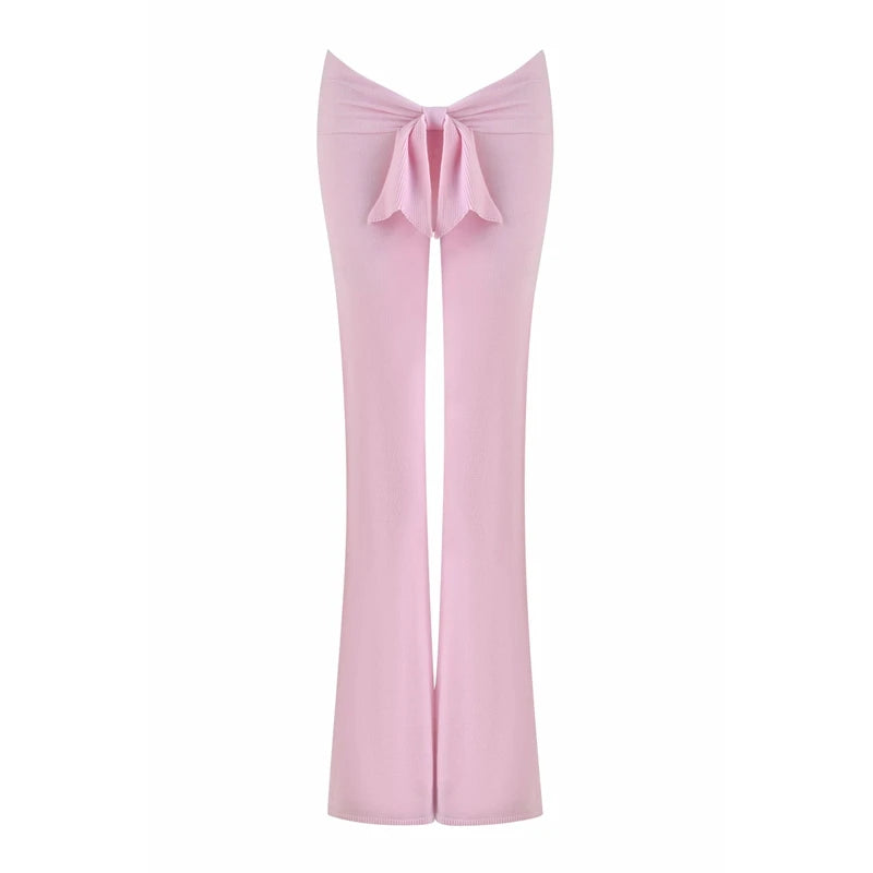Combhasaki Women's Y2l Knitted Flared Long Pants Slim Fit Solid Color Fold Over Waist Elastic Low Rise Back Bow Decor Trousers