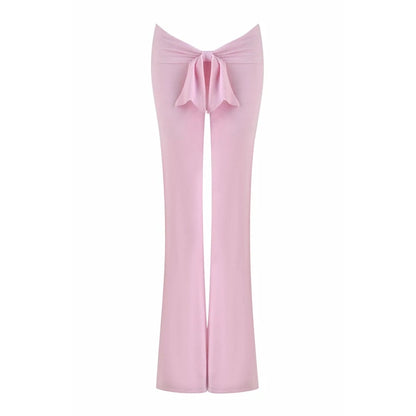 Combhasaki Women's Y2l Knitted Flared Long Pants Slim Fit Solid Color Fold Over Waist Elastic Low Rise Back Bow Decor Trousers