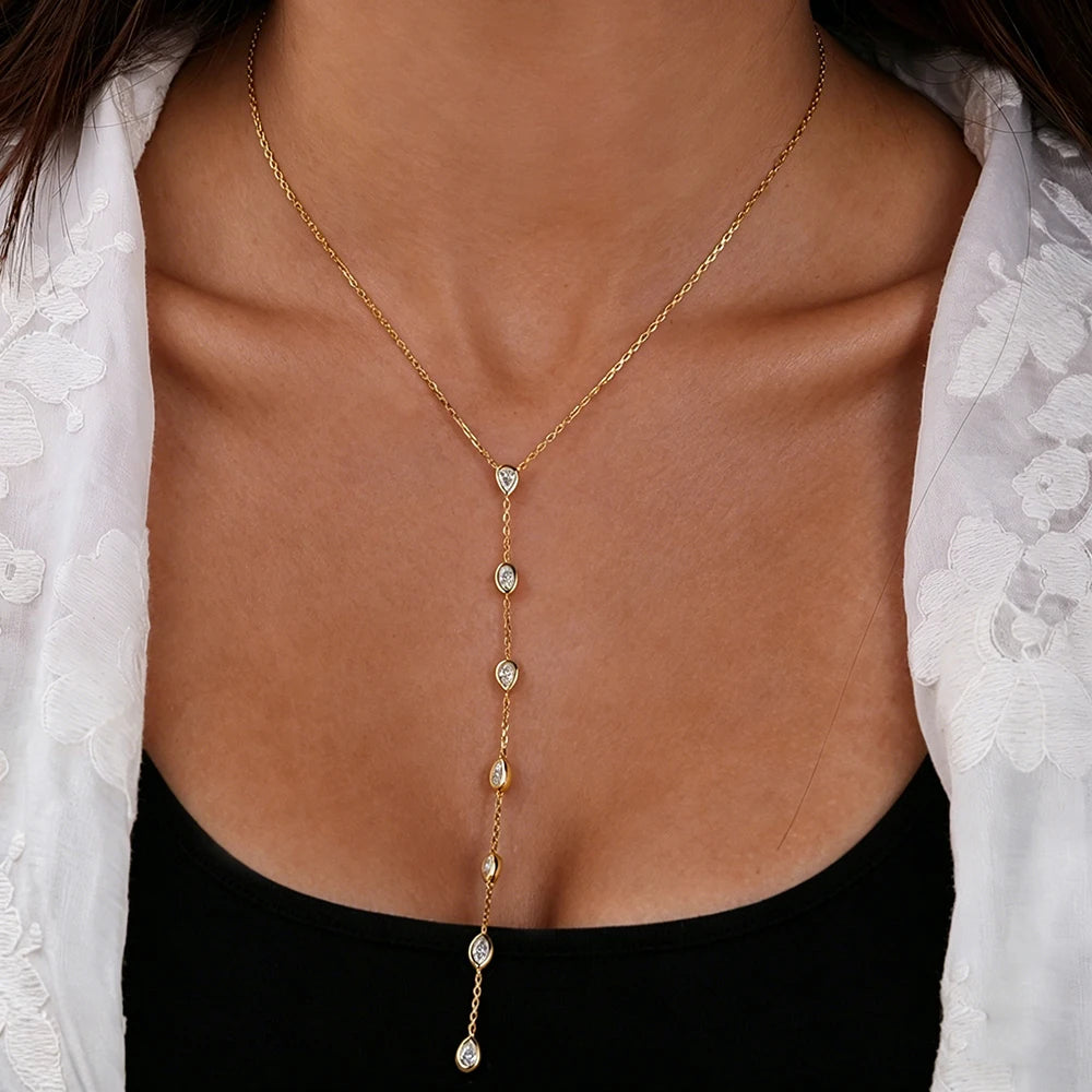 BXINY Long Tassel Bezel Moissanite Necklace 925 Sterling Silver 7-Stone Diamonds Pendant for Women Engagement Gifts Fine Jewelry