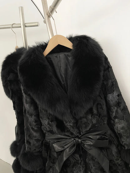 OFTBUY New Winter Thickened Warm Clothes Female Mid-length Leather Belt Real Mink Fur Coat Women Black Natural Fox Fur Jacket