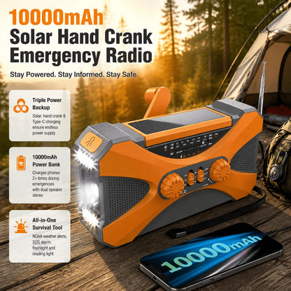 Emergency Radio Solar Hand Crank Radio 10000mAh Power Bank NOAA Weather Radio Survival Gear Camping Radio With Am Fm Dual Speaker Stereo Led Flashlight Triple Power Backup Portable Battery Charger Usb C For Outdoor Hiking Hom