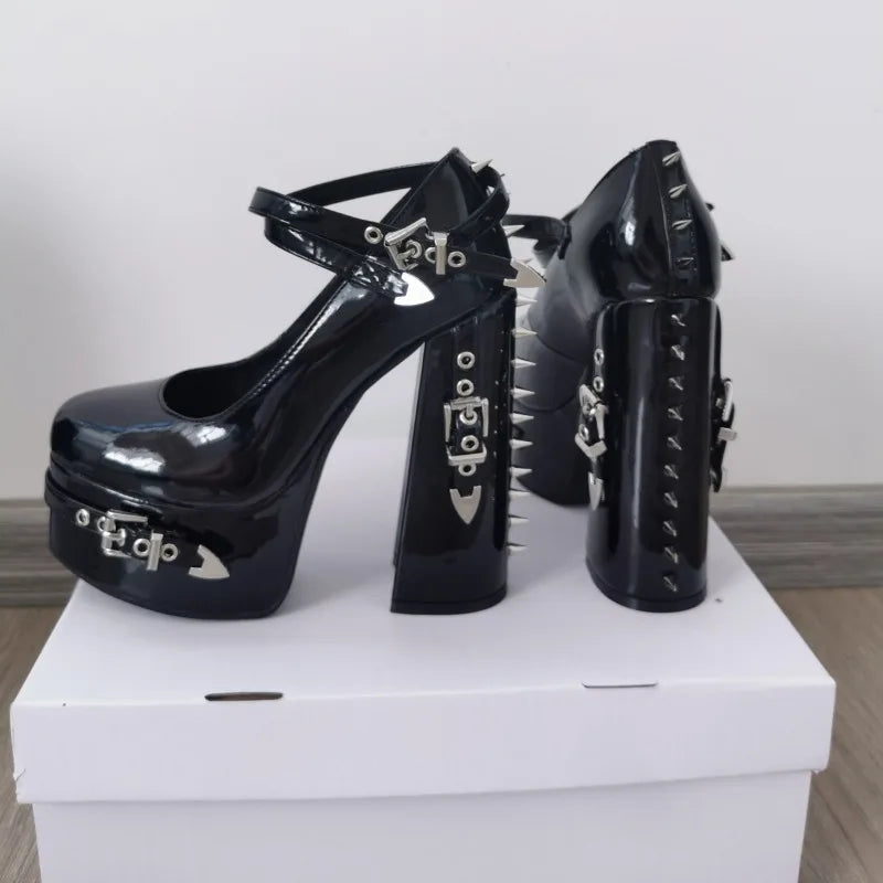 Punk Style Black Rivet Buckle High Heels Women's Trendy Gothic Sizes 36-47 Waterproof Platform Belt Buckle Thick Heel Nude Shoes
