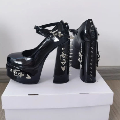 Punk Style Black Rivet Buckle High Heels Women's Trendy Gothic Sizes 36-47 Waterproof Platform Belt Buckle Thick Heel Nude Shoes