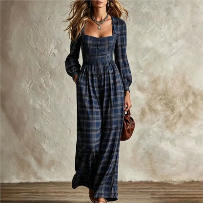 Retro Plaid Print Jumpsuit Square Neck Long Sleeve Jumpsuit Autumn New Waist Single Breasted Pocket Wide Leg Female Rompers 2026