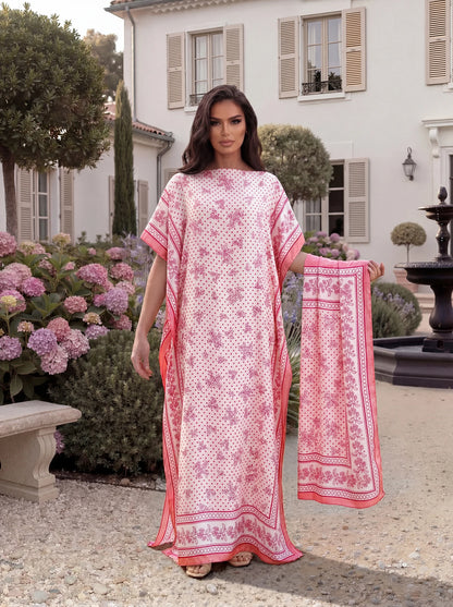 Boho Floral Polka Dot Print Satin Abaya Scarf Set, Loose Batwing Maxi Kaftan For Muslim Women Summer Beach Daily Holiday Wear