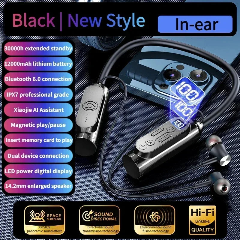 Earphones 12000mAh In-ear/Semi-in-ear Bluetooth Headset Magnetic Switch Pause Play Neck Hanging Dual Device Connection Earbuds