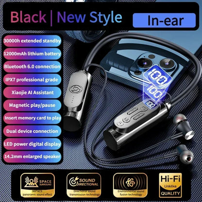Earphones 12000mAh In-ear/Semi-in-ear Bluetooth Headset Magnetic Switch Pause Play Neck Hanging Dual Device Connection Earbuds