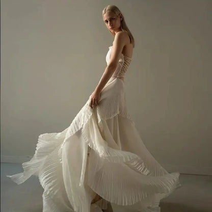 Bella Customized Ivory Strapless Prom Dress with Textured Corset Bodice and Pleated Asymmetrical Overlay Skirt robes de soirée