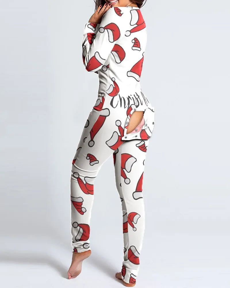 Women Christmas Onesies With Butt Flap For Adults Sexy Sleepwear Romper Open Butt Pajamas Jumpsuit 2023 Xmas Pyjama Long Nightie
